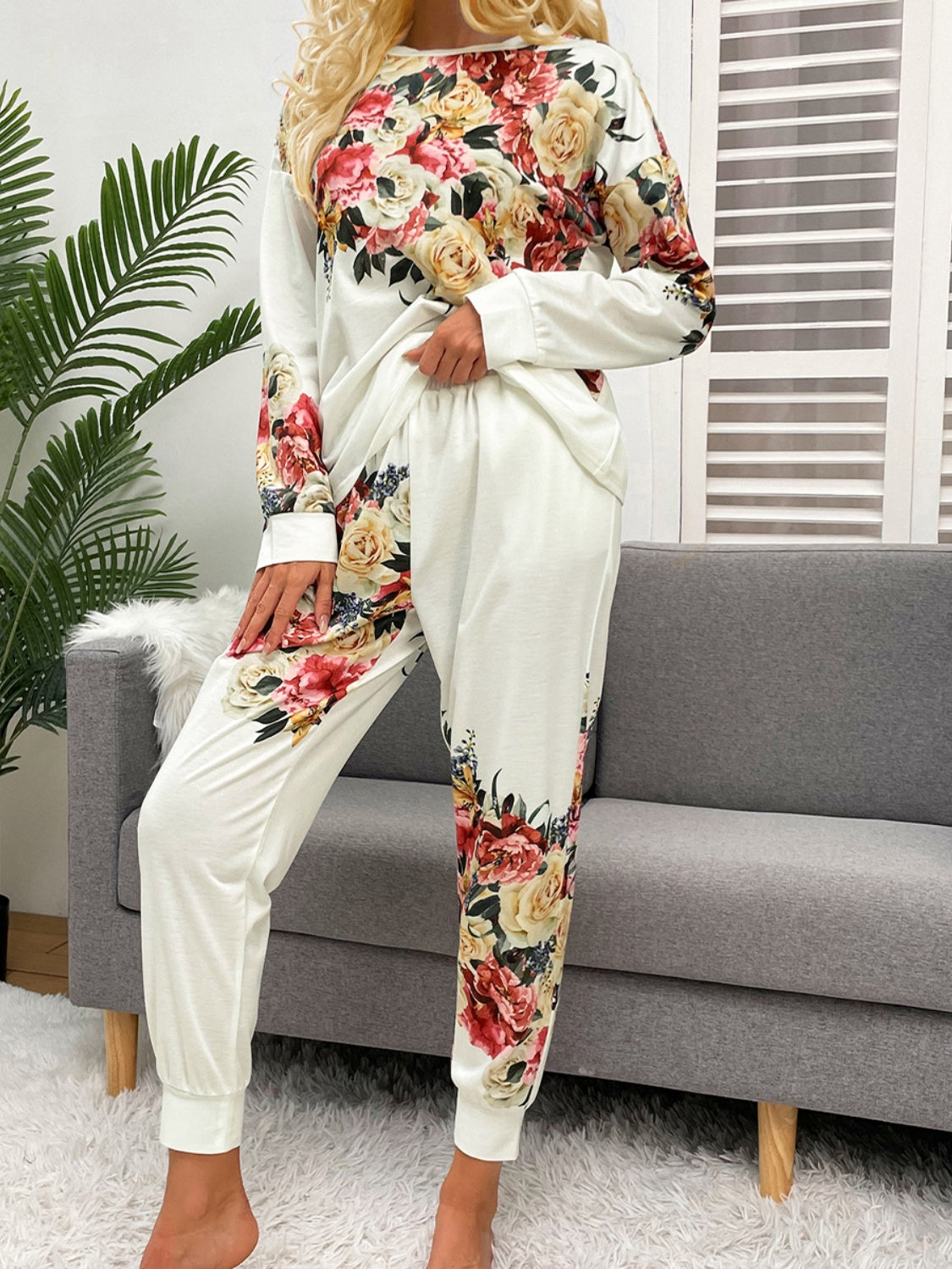 Shiny Printed Round Neck Top and Pants Lounge Set