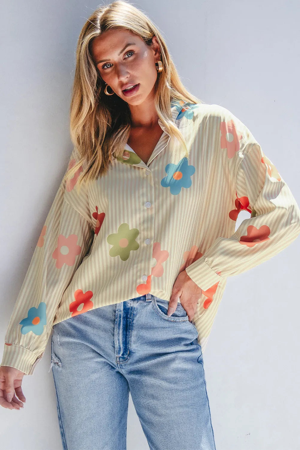 Striped Flower Button Up Long Sleeve Shirt