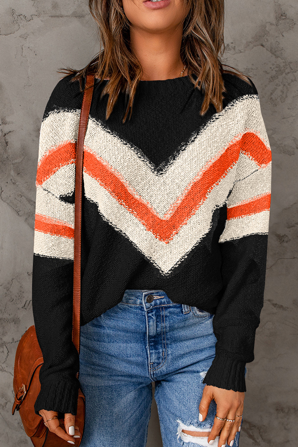 Contrast Round Neck Dropped Shoulder Sweater