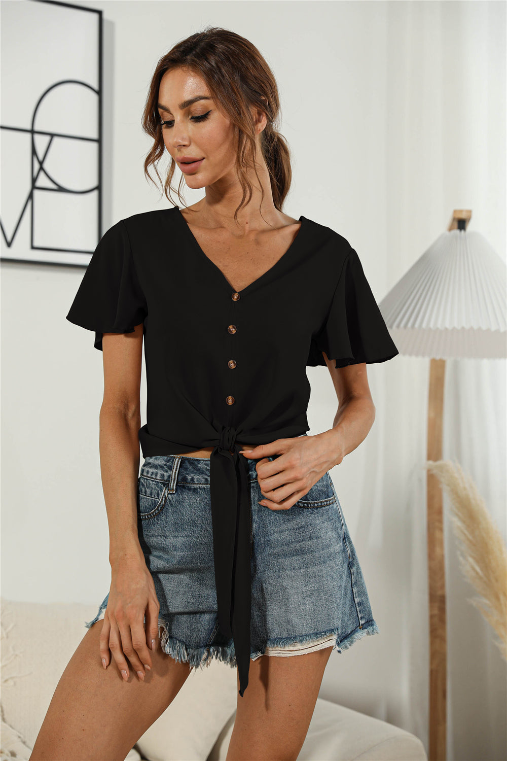 Decorative Button V-Neck Tied Blouse