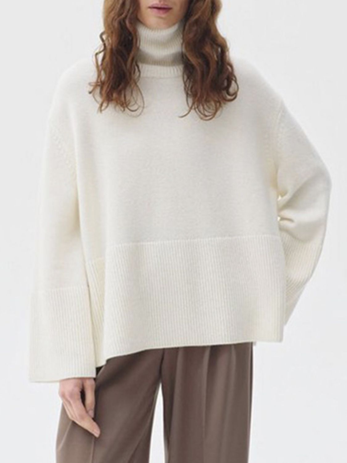 Side Slit Turtleneck Drop Shoulder Sweater