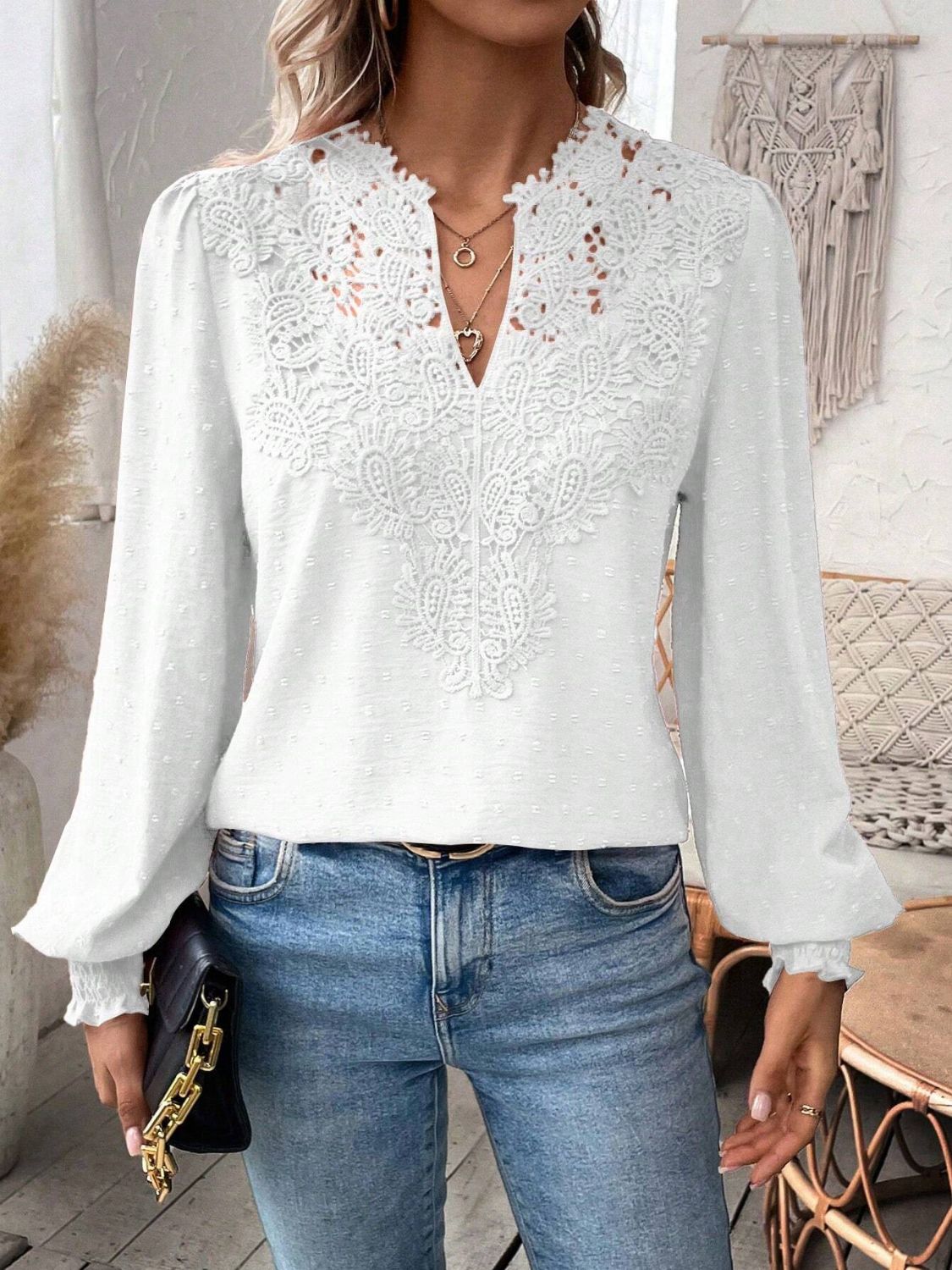 Swiss Dot Lace Detail Notched Long Sleeve Blouse